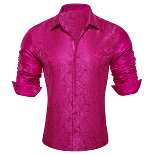 Pink Rose Red Paisley Silk Long Sleeve Shirt