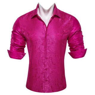 Pink Rose Red Paisley Silk Long Sleeve Shirt