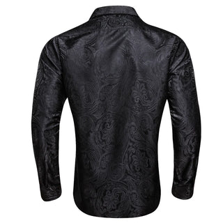 New Black Paisley Jacquard Men's Silk Long Sleeve Shirt