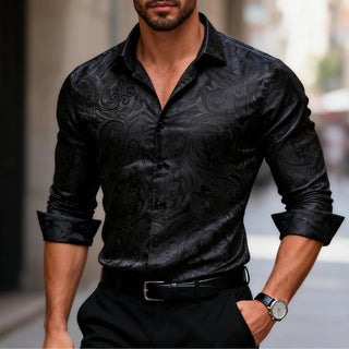 New Black Paisley Jacquard Men's Silk Long Sleeve Shirt
