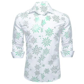 Christmas White Green Snowflake Floral Silk Long Sleeve Shirt