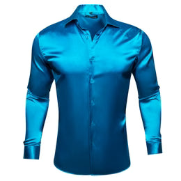 Solid Steel Blue Satin Silk Long Sleeve Shirt