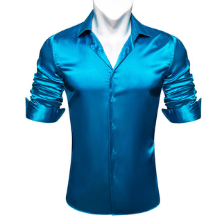 Solid Steel Blue Satin Silk Long Sleeve Shirt