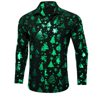 Black Green Christmas Pattern Silk Long Sleeve Shirt