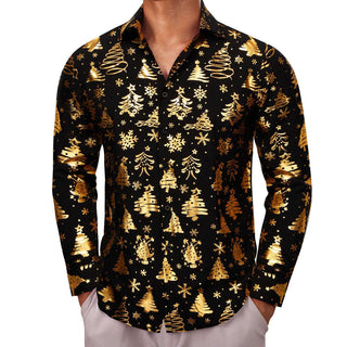 Black Gold Christmas Pattern Silk Long Sleeve Shirt