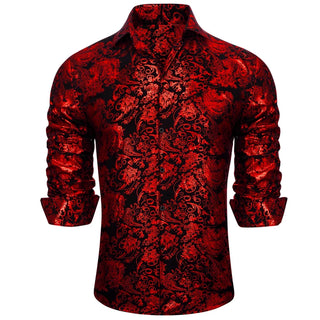 Red Floral Long Sleeve Silk Long Sleeve Shirt