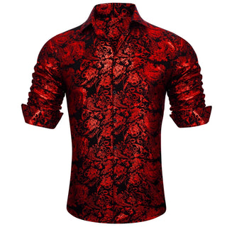 Red Floral Long Sleeve Silk Long Sleeve Shirt