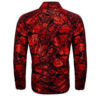 Red Floral Long Sleeve Silk Long Sleeve Shirt