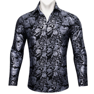 Grey Black Paisley Silk Long Sleeve Shirt