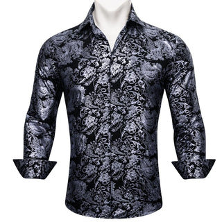 Grey Black Paisley Silk Long Sleeve Shirt