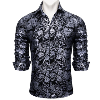 Grey Black Paisley Silk Long Sleeve Shirt