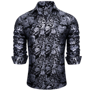Grey Black Paisley Silk Long Sleeve Shirt