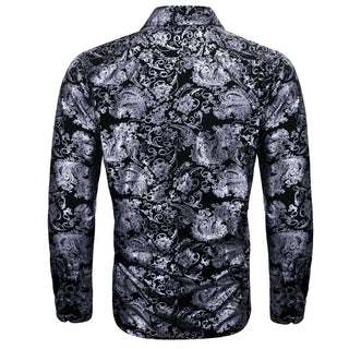 Grey Black Paisley Silk Long Sleeve Shirt
