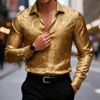 New Gold Floral Men's Silk Long Sleeve Shirt