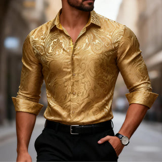 New Gold Floral Men's Silk Long Sleeve Shirt