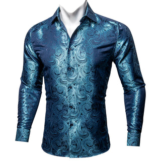 Ocean Blue Paisley Silk Long Sleeve Shirt