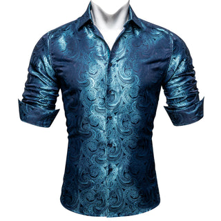 Ocean Blue Paisley Silk Long Sleeve Shirt