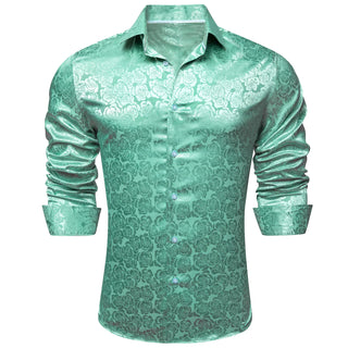 Aqua Print Floral Silk Long Sleeve Shirt