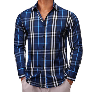 Blue White Plaid Silk Long Sleeve Shirt
