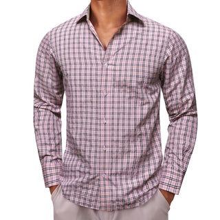 New Pink Plaid Plaid Silk Long Sleeve Shirt