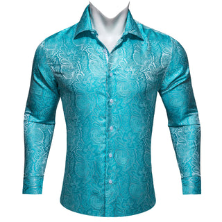 Blue Silver Paisley Silk Long Sleeve Shirt