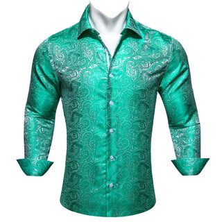 Green White Paisley Silk Long Sleeve Shirt