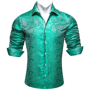 Green White Paisley Silk Long Sleeve Shirt