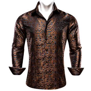 Brown Blue Woven Paisley Silk Long Sleeve Shirt
