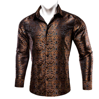 Brown Blue Woven Paisley Silk Long Sleeve Shirt