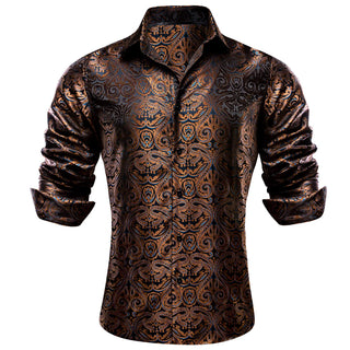 Brown Blue Woven Paisley Silk Long Sleeve Shirt