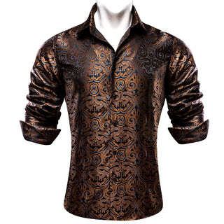 Brown Blue Woven Paisley Silk Long Sleeve Shirt