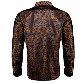 Brown Blue Woven Paisley Silk Long Sleeve Shirt