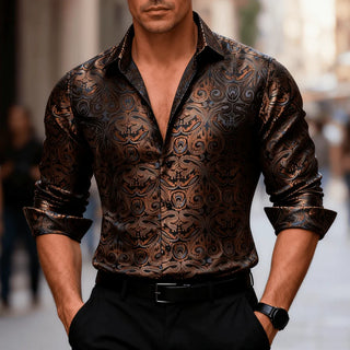 Brown Blue Woven Paisley Silk Long Sleeve Shirt