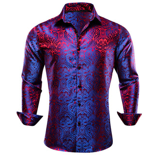 Blue Red Paisley Silk Long Sleeve Shirt