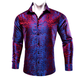Blue Red Paisley Silk Long Sleeve Shirt