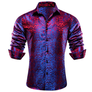 Blue Red Paisley Silk Long Sleeve Shirt