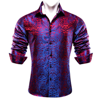 Blue Red Paisley Silk Long Sleeve Shirt