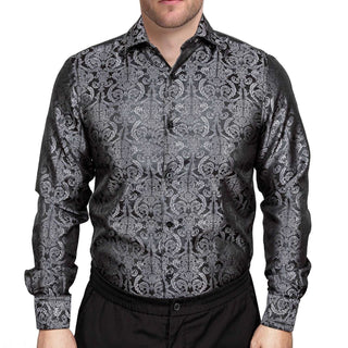 Black Grey Floral Silk Long Sleeve Shirt