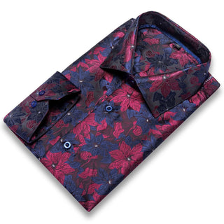 Black Blue Red Floral Silk Long Sleeve Shirt