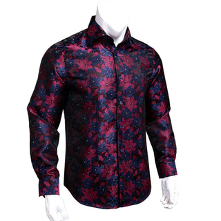 Black Blue Red Floral Silk Long Sleeve Shirt
