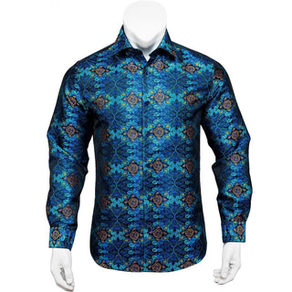 Blue Golden Floral Silk Long Sleeve Shirt