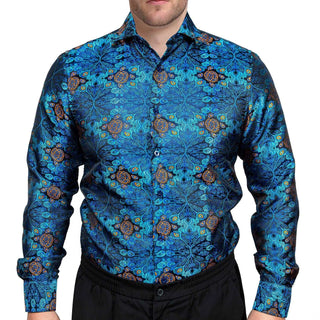 Blue Golden Floral Silk Long Sleeve Shirt