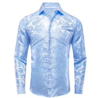 New Sky Blue Paisley Silk Long Sleeve Shirt