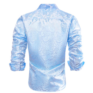 New Sky Blue Paisley Silk Long Sleeve Shirt