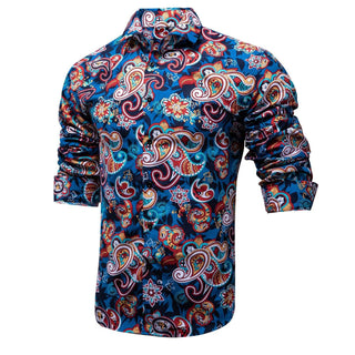 Blue Red Paisley Novelty Silk Long Sleeve Shirt