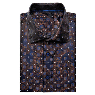 Brown Dark Blue Paisley Silk Short Sleeve Shirt