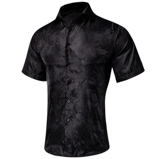 Solid Black Paisley Silk Short Sleeve Shirt