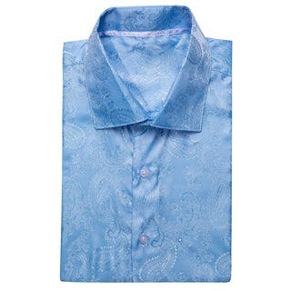 Sky Blue Paisley Silk Short Sleeve Shirt