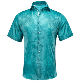 Teal Green Paisley Silk Short Sleeve Shirt