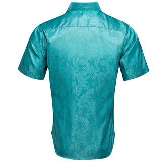Teal Green Paisley Silk Short Sleeve Shirt